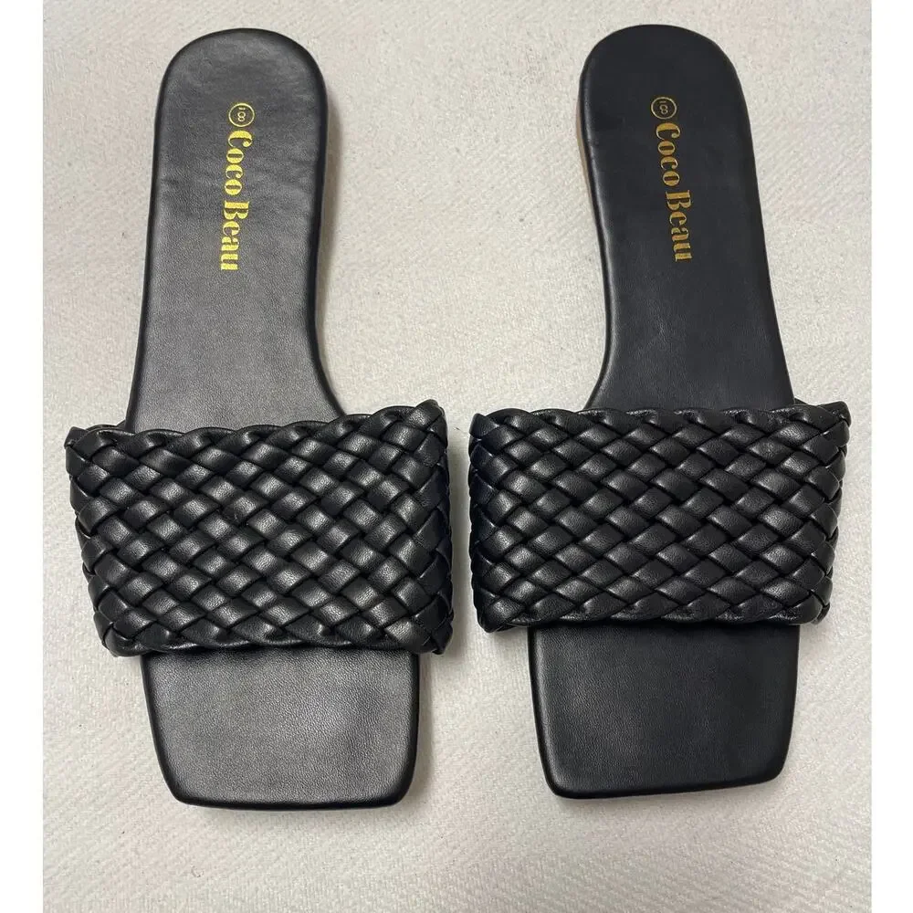 Coco Beau Black‎ Braided Slip On Sandals, Square Toe, Ladies size 8
